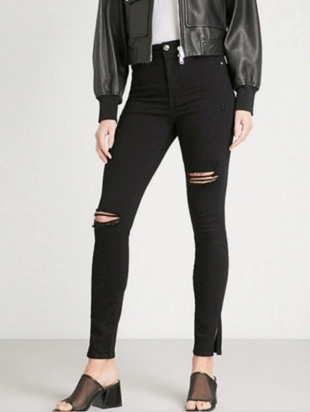 Good American Good Waist Skinny Side Slit Jeans Distressed Black026 - Size 6/28